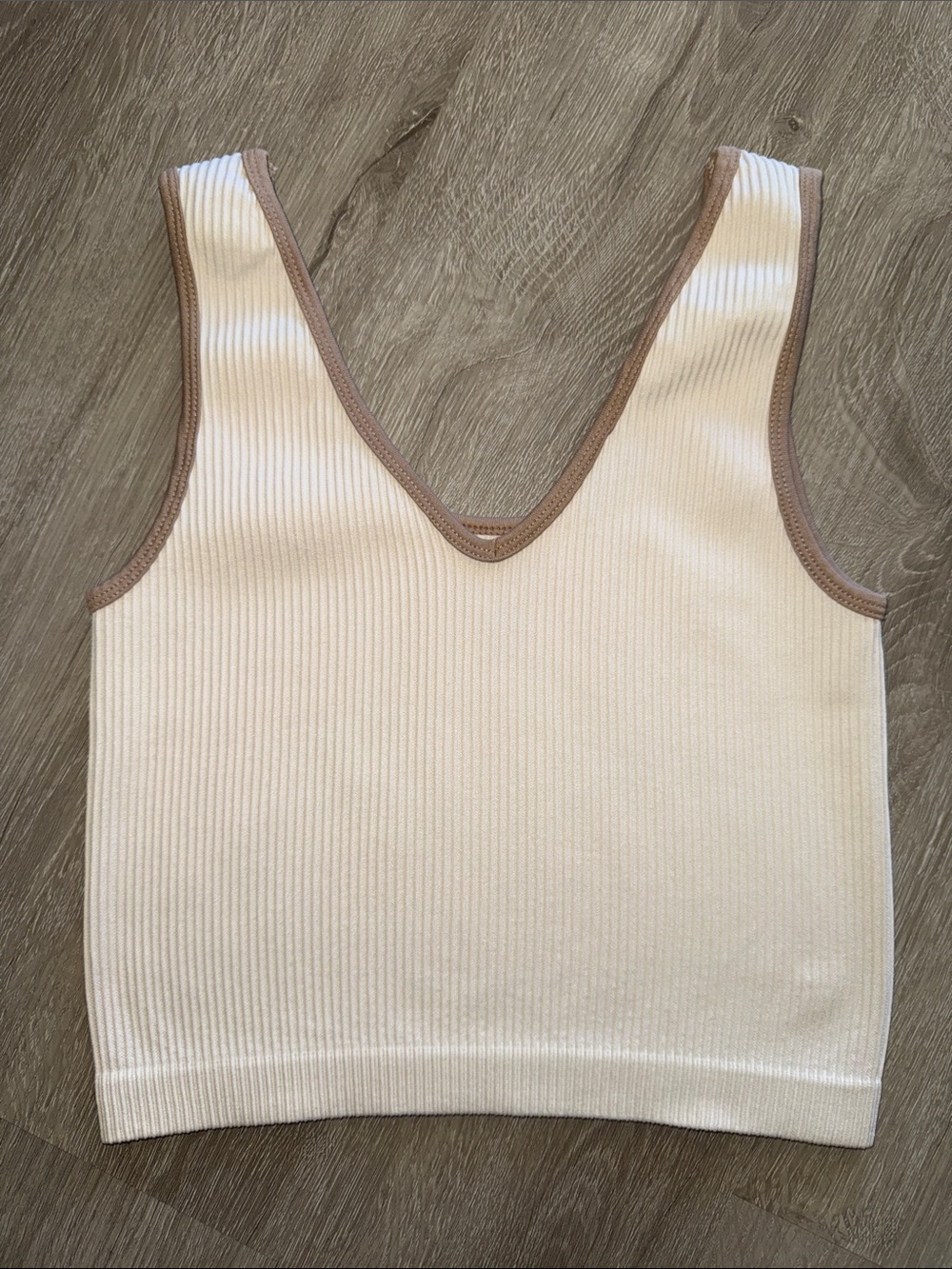 Ribbed V-Neck Tank Top - White with Tan Trim